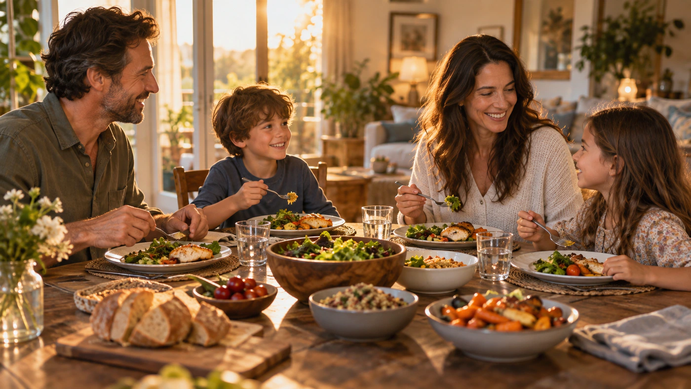 Family sharing a calm meal together in a warm home