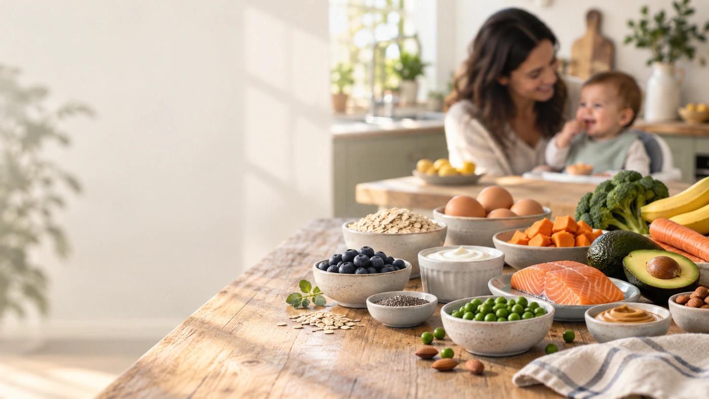 A variety of simple foods on a warm table beside a parent and baby