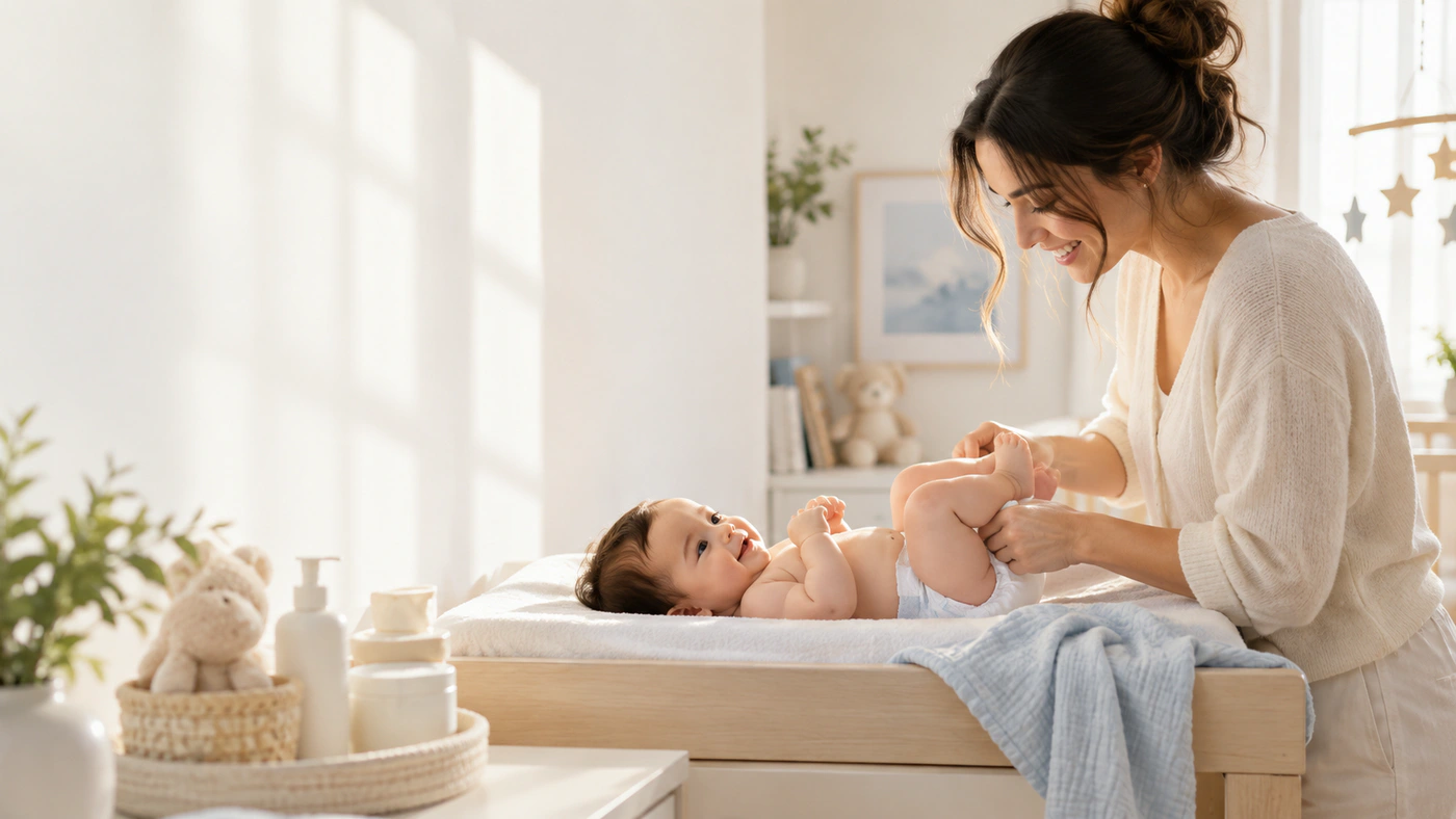 Parent gently changing a baby in a bright nursery