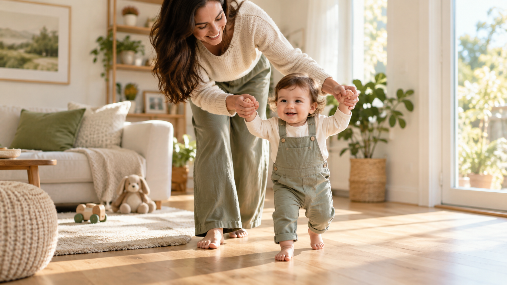 Parent holding a child's hands as they take early steps in a bright home