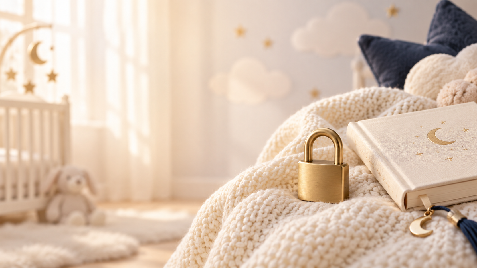 Golden padlock and baby journal on a soft knitted blanket