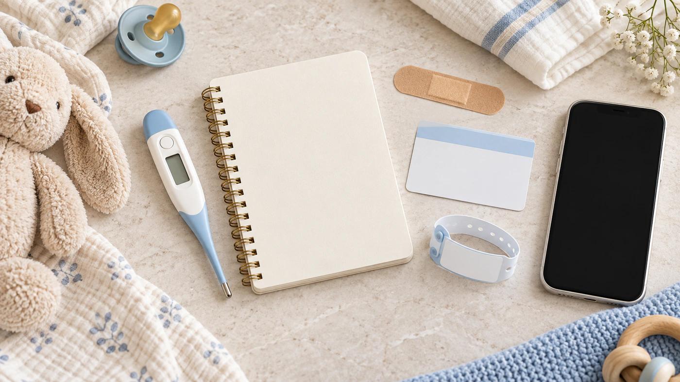Important health details and baby essentials neatly organized on a table