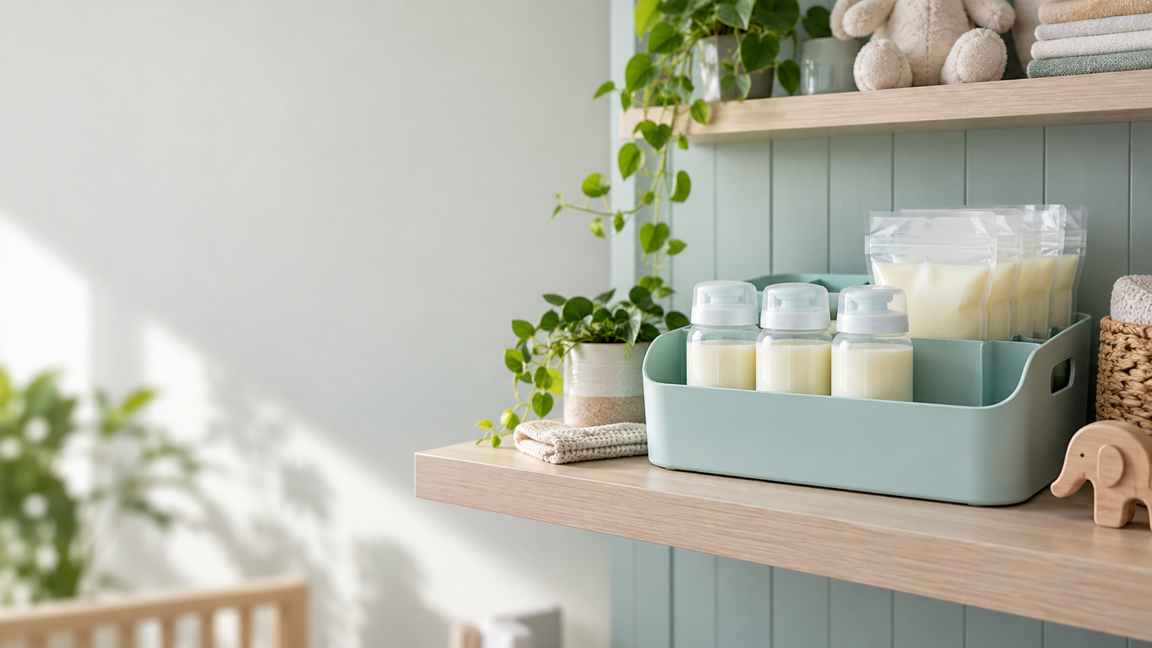 Neatly organized home supply of expressed breast milk in a gentle storage setup
