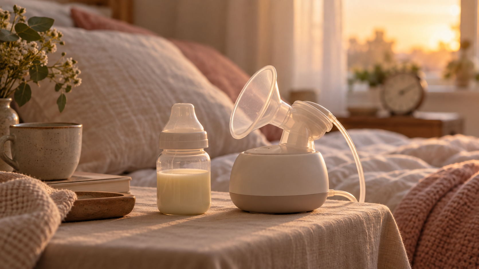 Breast pump and bottle beside a subtle clock in a warm room