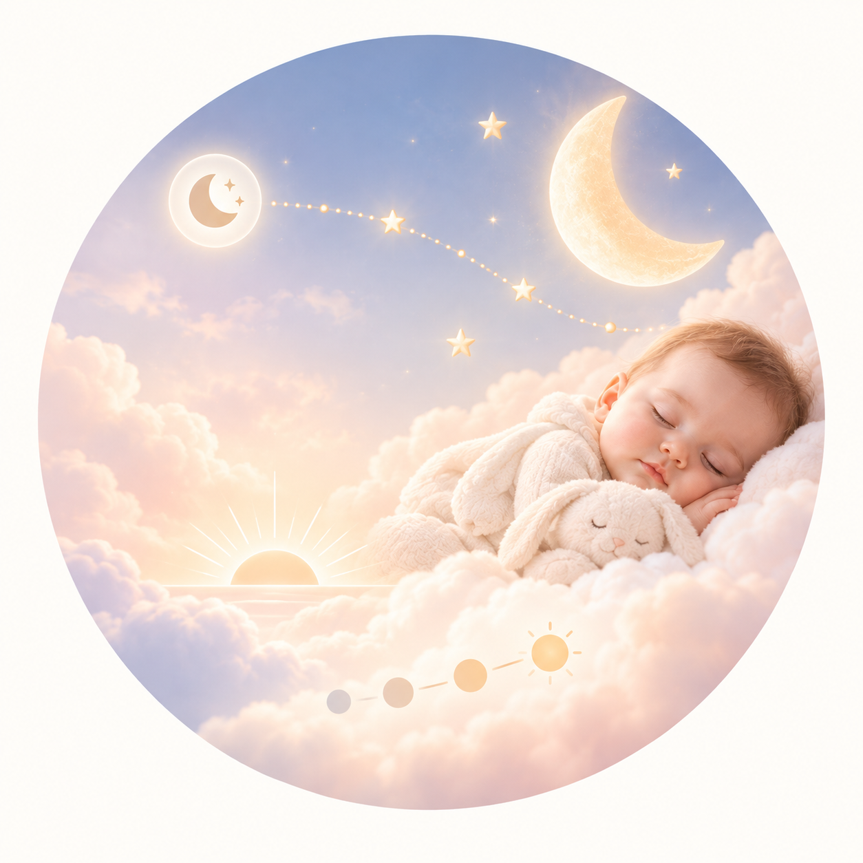 Baby sleeping peacefully among clouds, moon, and stars