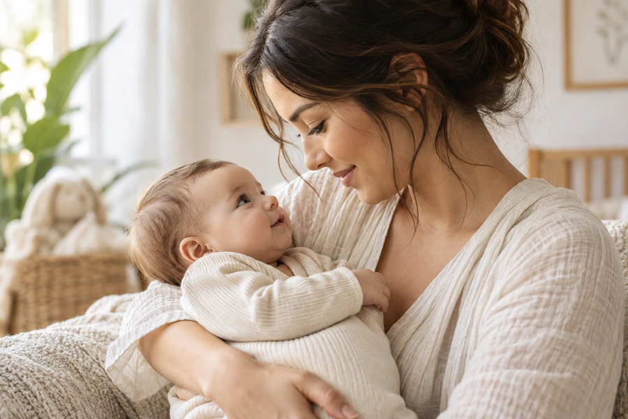Parent gently holding a baby in a warm home