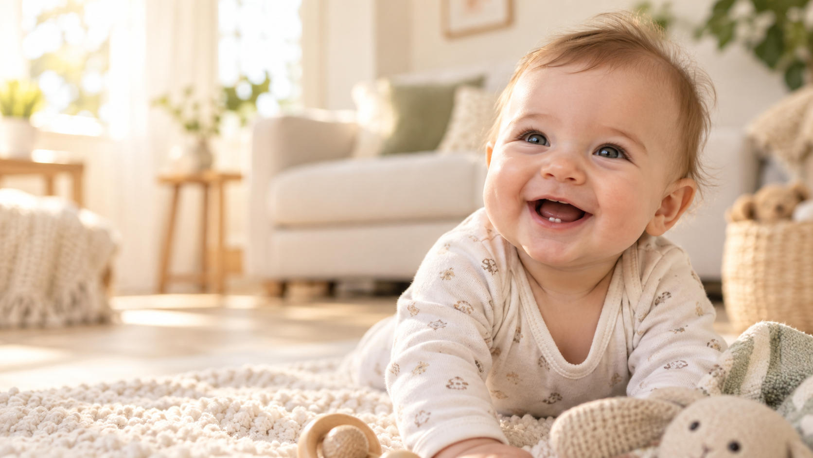 Smiling baby with visible first teeth in a warm home