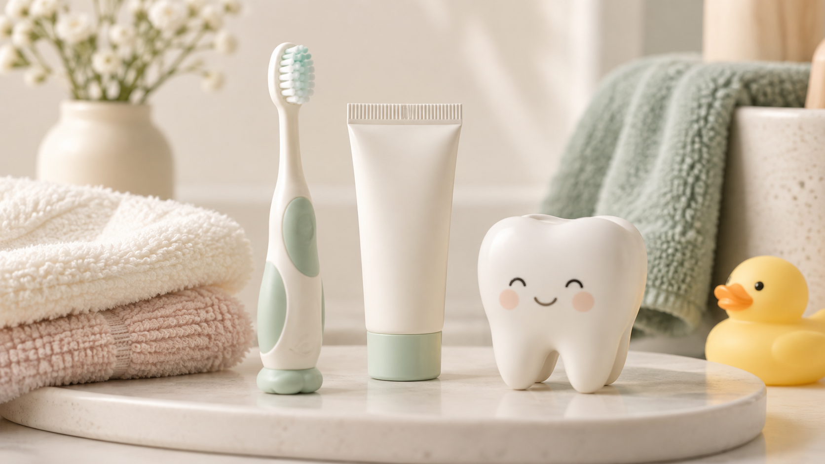 Gentle illustration of a toothbrush and tooth-shaped toy