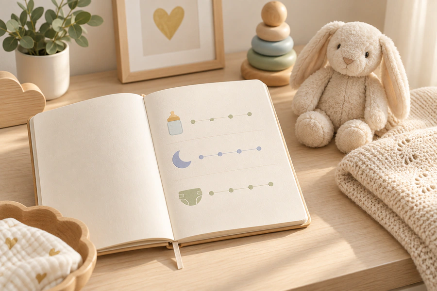 Open journal with rows for feeding, sleep, and diapers