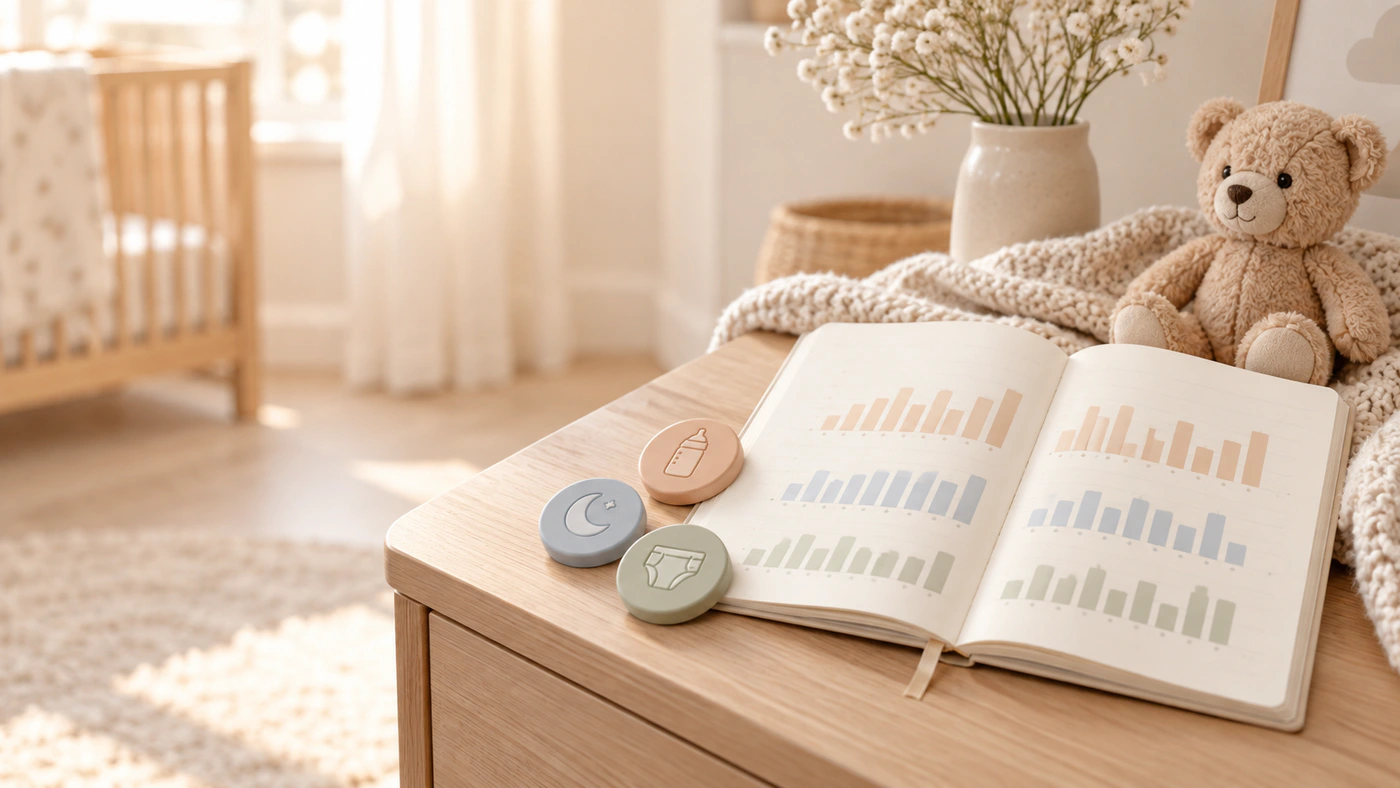 Open two-week baby report with feeding, sleep, and diaper markers