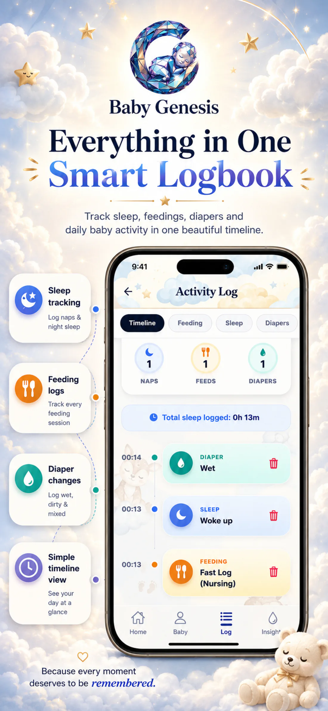 Baby Logbook screen in the Baby Genesis app