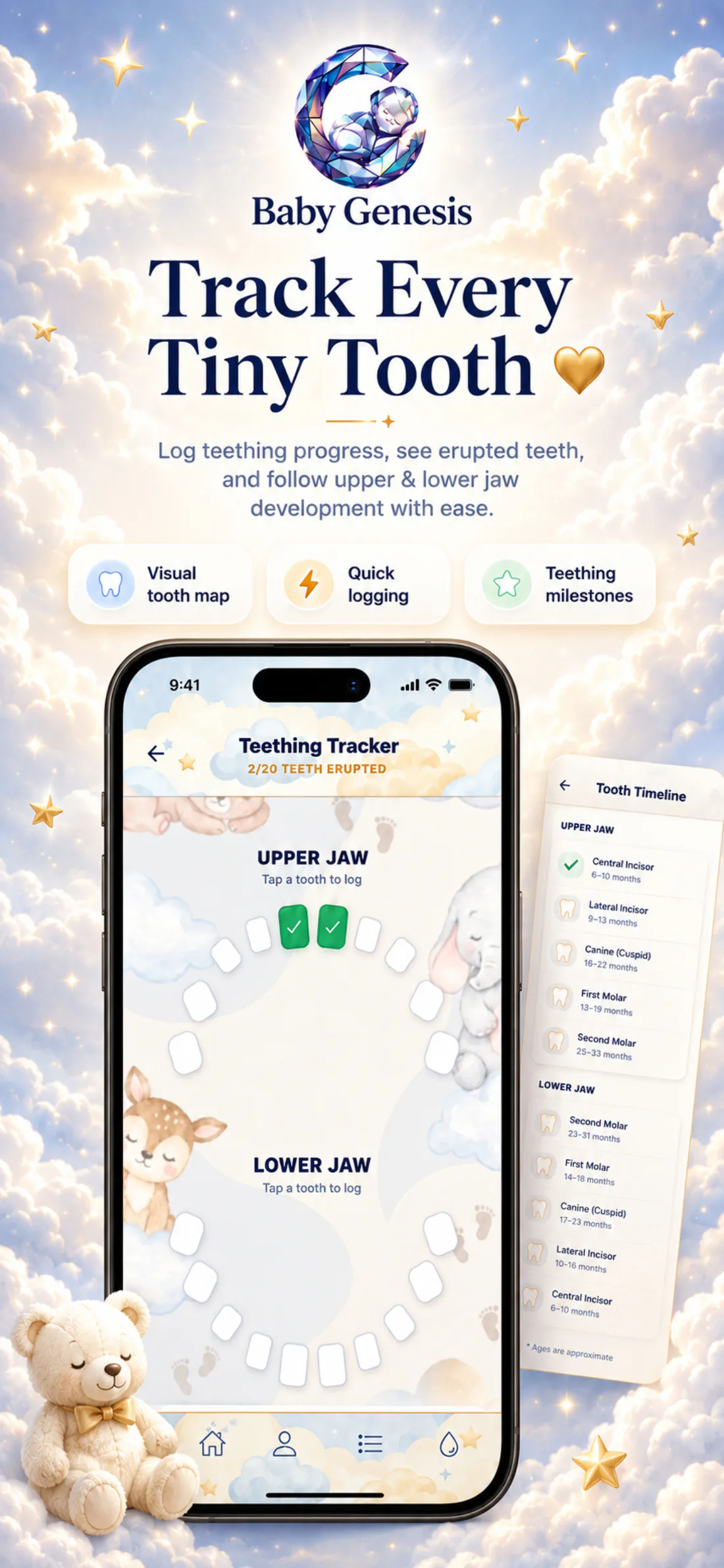 Teething Tracker screen in the Baby Genesis app